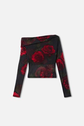 Good American Womens Mesh Ruched Asymmetric Top | Moody Red Roses, Size Medium | Good American by KhloÈ Kardashian