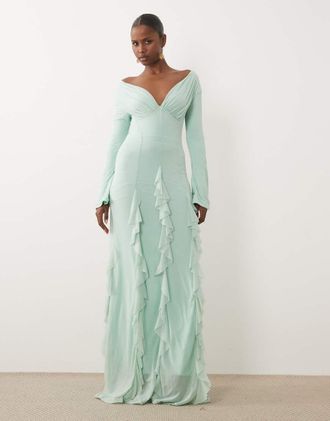 Asos vestito lungo in chiffon elasticizzato con spalle scoperte, maniche lunghe e godet blu