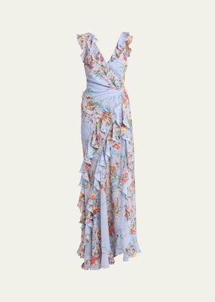 Etro Floral-Print Seersucker Ruffled Slit Maxi Dress