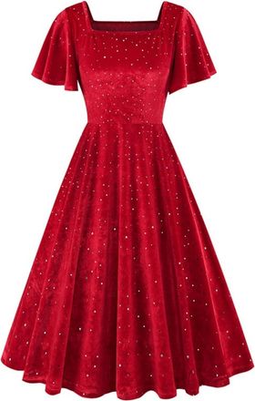 Generic Christmas Dresses for Women UK Fancy Velvet Evening Dress Vintage Plus Size Party Long Cocktail Dress Xmas Formal Elegant Costume Winter Sequin Weddin