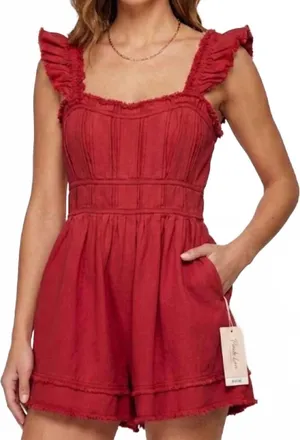 Peach Love California Mineral Wash Cotton Twill Romper In Red