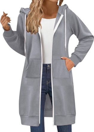 Generic Zipped Hoodies For Women Uk Oversized Double Zippered Longline Hoodie Solid Color Hooded Sweatshirts Fleece Jackets Long Sleeve Tops Casual Loose Fit 