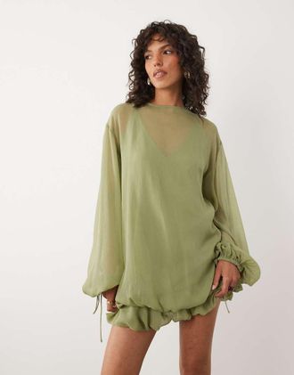 Asos Vestito corto accollato in chiffon verde salvia con vita a campana