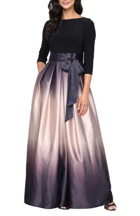 S.L. Fashions Three-Quarter Sleeve Jersey Bodice Ombr&eacute; Satin A-Line Gown in Black/Chalk at Nordstrom, Size 14W