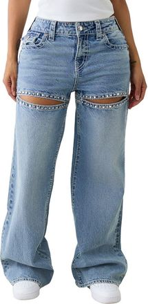 True Religion Bobbi Embellished Cutout Baggy Wide Leg Jeans in Blue Crystal at Nordstrom, Size 28