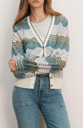 Veronica Beard Laurinor Stripe Pointelle Knit Button Front Cardigan in Dove/Sage/Blue River at Nordstrom, Size X-Large