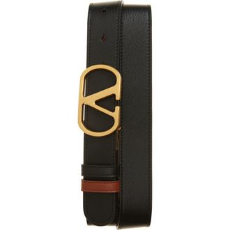 Valentino VLOGO Buckle Reversible Leather Belt in Black/Camel at Nordstrom, Size 95