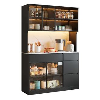 OEM Mobile Alto, Vetrina, Credenza, Mobile Da Sala Da Pranzo, Mobile Da Soggiorno, Look Bianco E Nero, Sezione Centrale Effetto Marmo, Struttura In Mdf, E