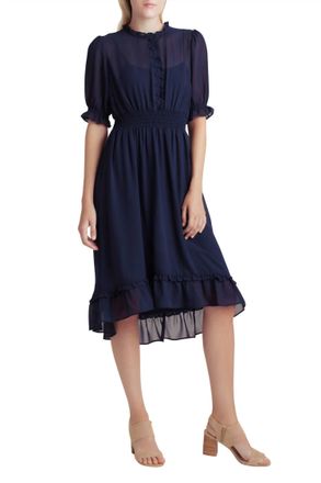 Kensie Crepe Chiffon High Low Dress In Navy
