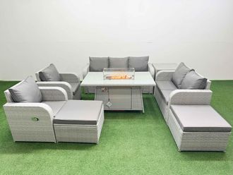 Fimous PE Rattan Garden Furniture Set Reclining Chair Sofa Double Love Seat 2 Seater Sofa Lounge Set Firepit Dining Table 2 Big Footstool Side Table