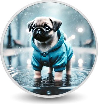 OEM Lluvias De Medianoche: Pug Con Impermeable Azul, Moneda De 1 Oz