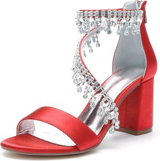 Generic Wedding Heel Sandals Womens Rhinestones Wedding Shoes Bride Chunky Heel Open Toe Bridal Shoes Party Dress High Sandals 8Cm,red,10 UK