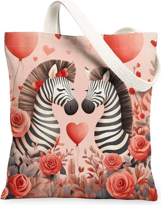 Generic Valentines Day Zebra Canvas Tote Bag for Shopping 13x15, Kid Fun Wildlife Couple Reusable Grocery Print Pattern Bag for Women, Animal Lover Beach Aest