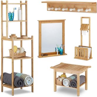 Relaxdays Juego De Ba&ntilde;o De Bamb&uacute; De 5 Piezas, Estante, Banco, Toallero, Portarrollos Con Revistero, Espejo, Natural