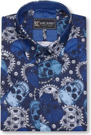 KAM AOP Retro Skull and Cogs Print Shirt Button Up Mens Plus Size 2XL-8XL 6070 (UK, Alpha, 5XL, Plus, Regular, Navy)