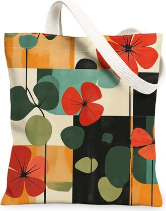 Generic Spring Aesthetic Geranium Canvas Tote Bag for Shopping 13x15, Funky Retro Floral Reusable Grocery Print Bag for Women, Abstract Flower Beach Aesthetic