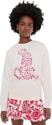 Lilly Pulitzer Ballad Long Sleeve Sweatshirt Womens Sweater Coconut Love Cat Embroidery : LG, Cotton/Spandex