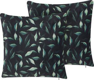 Beliani Conjunto De 2 Cojines De Terciopelo Negro Verde Patr&oacute;n De Hojas 45 X 45 Cm Funda Extra&iacute;ble Cremallera Moderno Toadflax