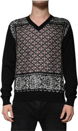 Dolce & Gabbana Zwarte Wol V-hals Logo Trui - Heren - V-hals truien - Zwart - M - Wol - Truien & Vesten