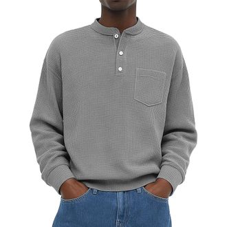 Generic Henley Shirts for Men Long Sleeve Long Sleeve Henley Shirts for Men Front Pocket 3 Button V Neck Pullover Waffle Knit Thermal Fahion Casual Tee Shirt 
