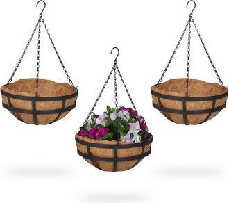 Relaxdays Relaxdays Hanging Basket, Set of 3, Hook, Coconut Fibre Liner, H x D: 50 x 31 cm, Metal, Brown/Black