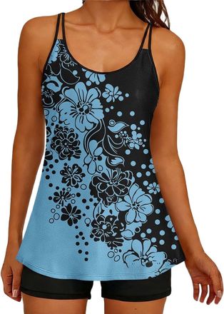 Generic Bikini Sets for Women UK Black Tankini Sets for Women UK Two Piece Tummy Control Bathing Suit with Bottoms Shorts Crewneck Fashion Print Holiday Beach