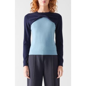 L.k. Bennett Aletta Colorblock Cotton & Merino Wool Twist Neck Sweater in Blue at Nordstrom, Size Small