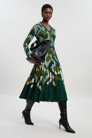 Karen Millen Womens Geo Jacquard Knit Full Skirted Midi Dress - Green - Size X-Small