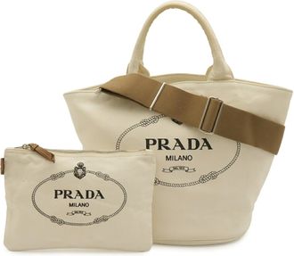 Prada Ivory White Yellow Canapa Handbag Pouch Shoulder Bag Tote Bag (Pre-Owned)