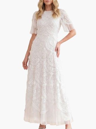 Needle & Thread Carmen Ruffle Maxi Dress in Swan White at Nordstrom, Size 18