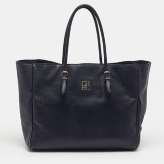 Carolina Herrera Navy Blue Leather Shopper Tote