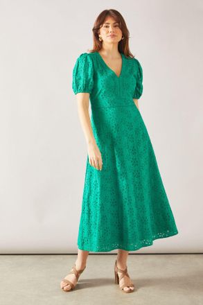 Wallis Womens Floral Broderie Fit & Flare Midi Dress - Green Cotton - Size 16 UK