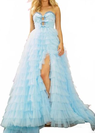 Sherri Hill Front Bows Ruffle Skirt Dress In Light Blue