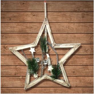 Trade Shop Trade Shop - Appendino Forma Stella In Legno Con Rami E Palline 42cm Bianco Decoro Natalizio
