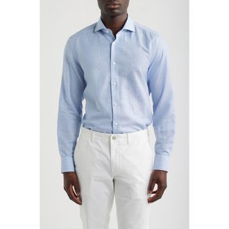 BOSS Hank Slim Fit Plaid Linen & Cotton Shirt in Light/Pastel Blue at Nordstrom, Size 15.5