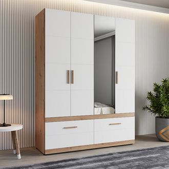 Dmora Armario Grande Sayul, Ropero Para Dormitorio, 2 Cajones, 2 Estantes, Barra Para Colgar, 155x208h Cm Blanco Mate