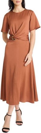 Maggy London Buckle Detail Hammered Satin Midi Dress in Coconut Shell at Nordstrom, Size 18