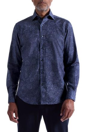 Bugatchi Alvin Shaped Fit Leaf Print Button-Up Shirt in Night Blue at Nordstrom, Size Xx-Large