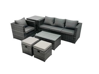 Fimous Outdoor Coffee Table Sofa Set with Side Table 2 Small Footstool in Dark Grey