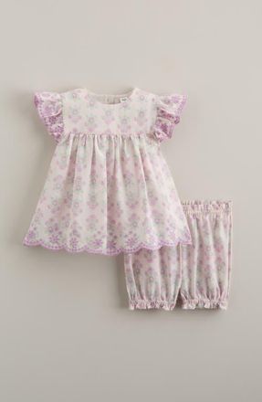 Nordstrom Scalloped Gingham Check Cotton Top & Bloomers in Purple Tint Stamped Floral at Nordstrom, Size 18M