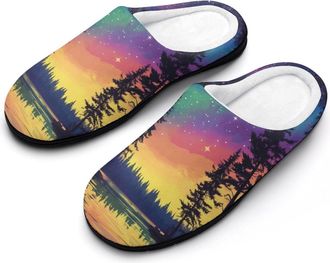Generic Colorful Aurora Starry Sky Lake Mens Slippers Slip On Comfortable Fleece Cotton House Shoes Winter
