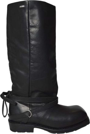 Our Legacy Tall Black Leather Boots With Wrap-Around Strap And Metal Ring Detail