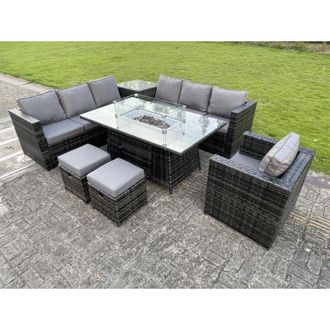 Fimous Fimous Outdoor Rattan Garden Corner Furniture Gas Fire Pit Table Sets Gas Heater Lounge Chair Small Footstool Dark Grey 9 Seater