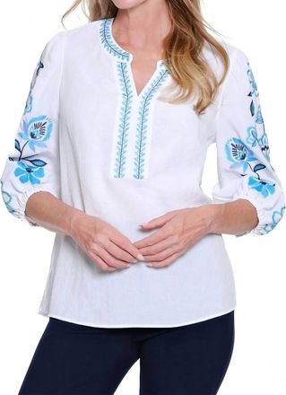 Multiples Embroidered Notch-Neck Woven Top In Multi