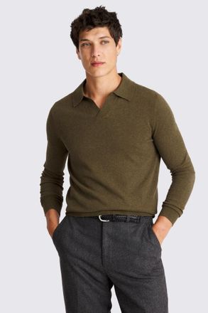 Moss Olive Linen-Blend Skipper Polo