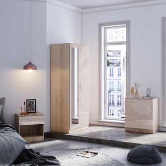 Elegant Lighting 3 Piece Bedroom Wardrobe with Mirror Furniture Sets, 2 Door Soft Hinge Mirrored Wardrobe, 4 Drawer Chest of Drawers, Beside Cabinet, Cream/Oak