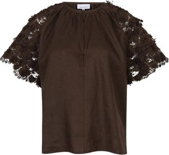 Dante6 Jonille Top met kanten details - Dames - Blouses & Shirts - Bruin - Maat: XL Linnen