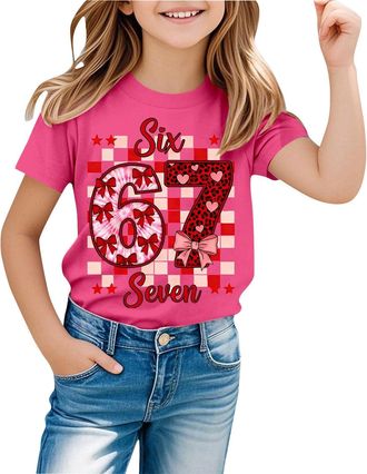 Generic Graphic T-Shirts for Girls UK 67 Six Seven Meme Cute Number Print Cotton Top Short Sleeve Crewneck Funny Tee for School Party Festive Stocking Filler 