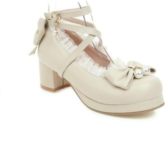 Generic Womens Lolita Style Crisscross Strap Block Heel Shoes - Sweet Bow & Pearl Round-Toe Pumps,Beige,6.5 UK