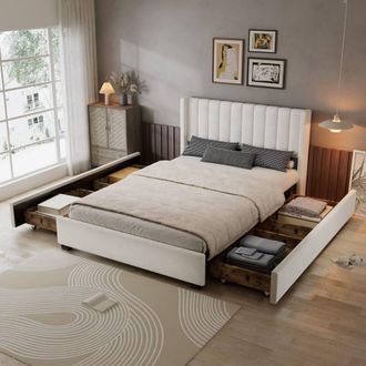 Matteo Velvet Upholstered Storage Double Bed Frame with Drawers, 4ft6 in Beige